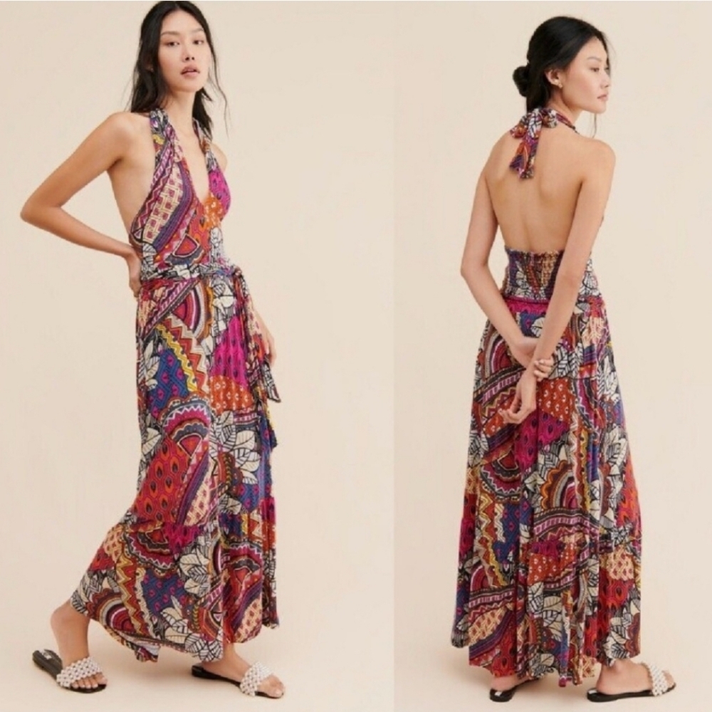 Anthropologie Maeve Cynthia Halter Maxi Dress Large Multi Geo Jersey Hippie